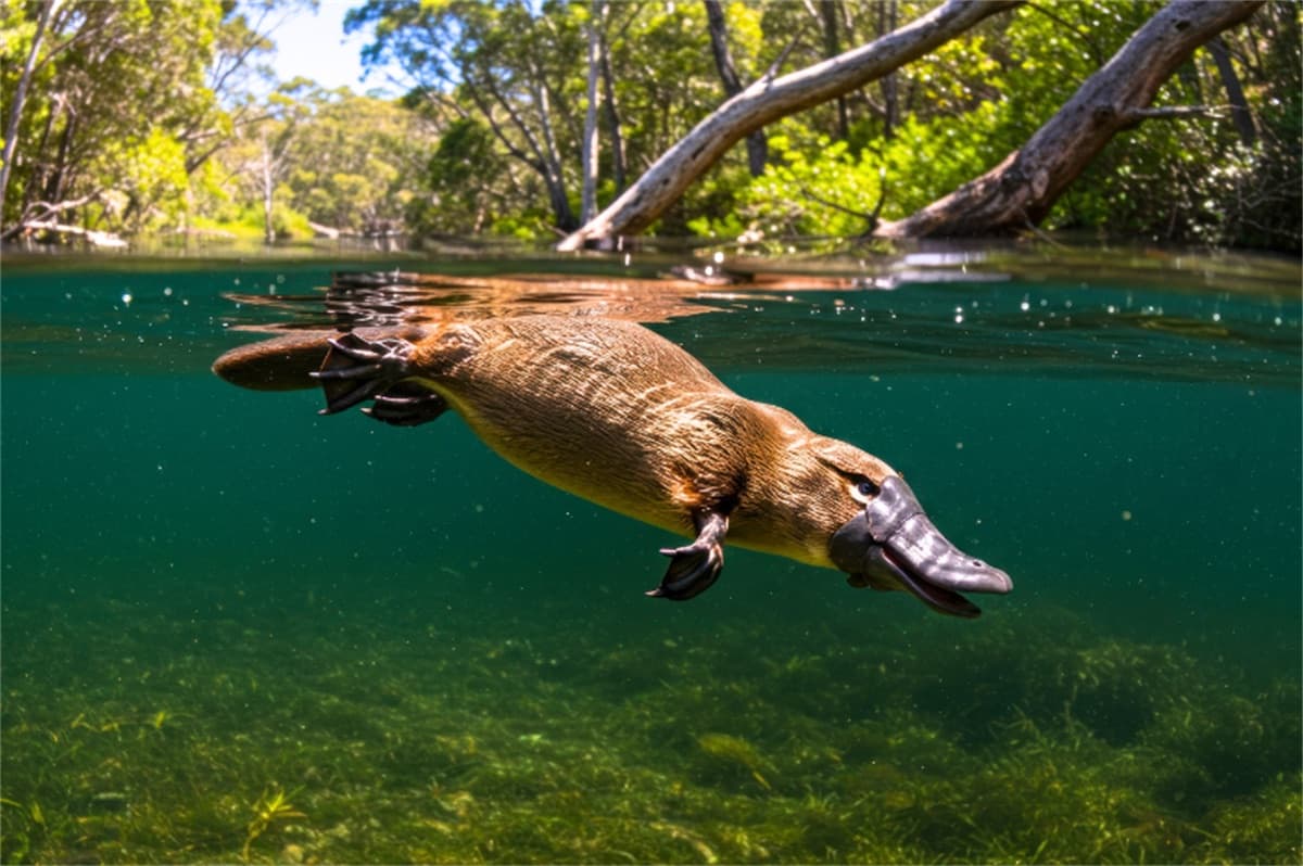 A platypus swimming below the surface of a clear Australian creek